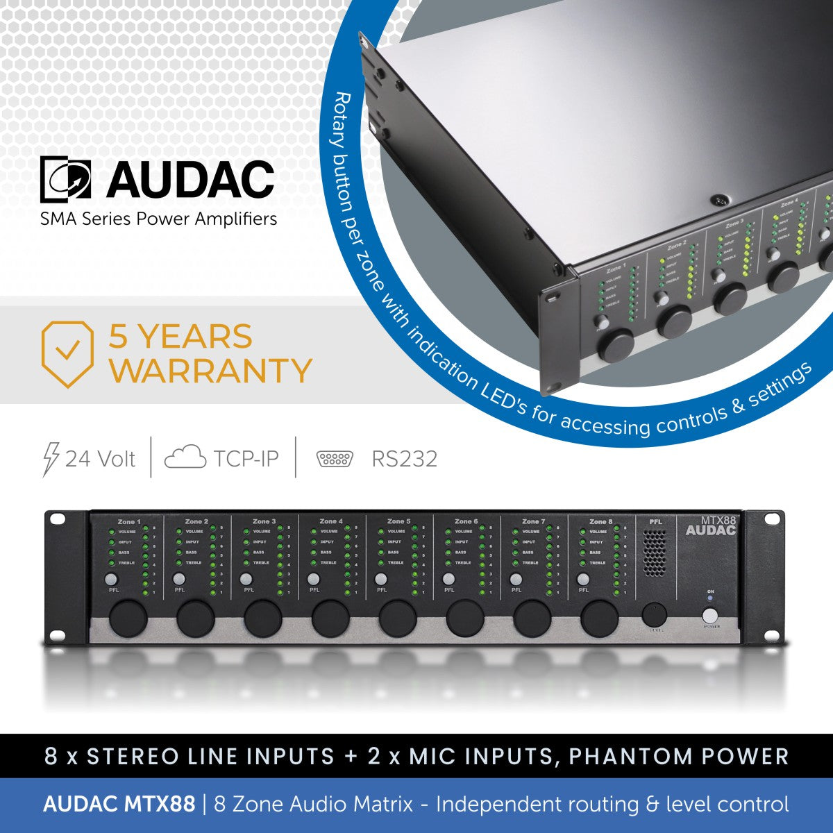 Audac MTX88 8-Zone Audio Matrix Controller | Audio Volt